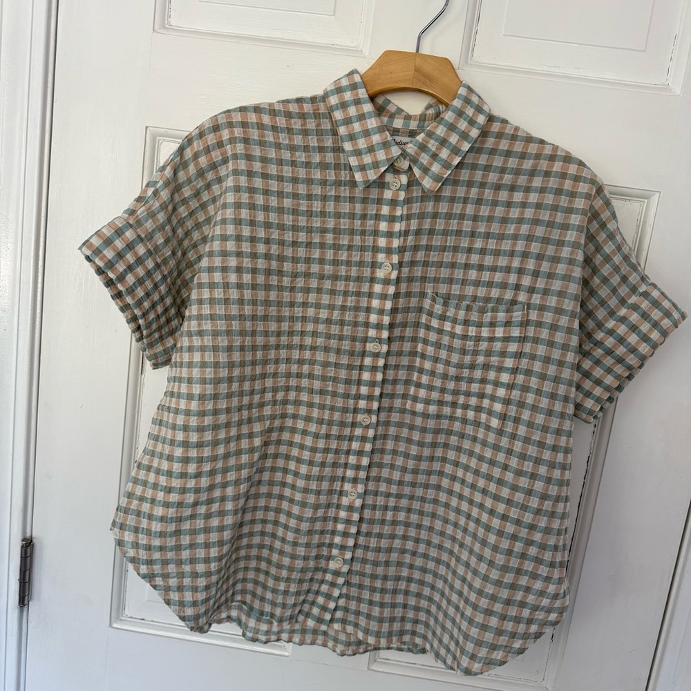 EUC Madewell Women’s Beige & Blue Casual Button Down Blouse Sz XS